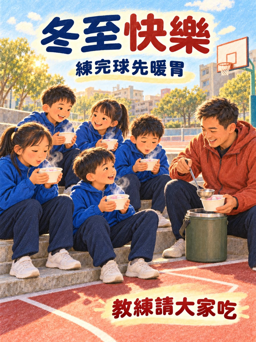 練完球的湯圓甜湯。圖中文字：冬至快樂，練完球先暖胃，教練請大家吃