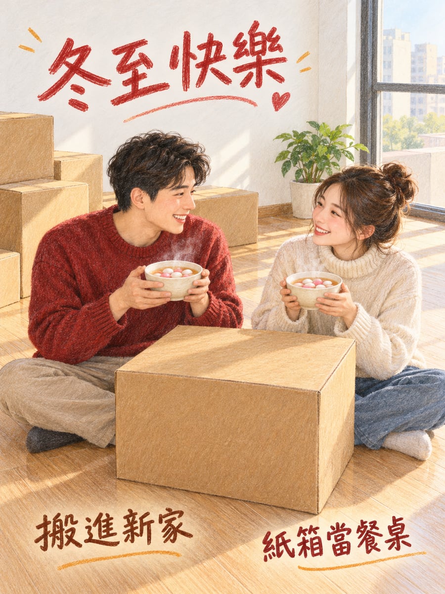 新家紙箱當餐桌。圖中文字：冬至快樂，搬進新家，紙箱當餐桌