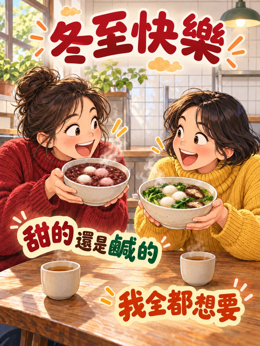 甜湯圓還是鹹湯圓。圖中文字：冬至快樂，甜的還是鹹的，我全都想要