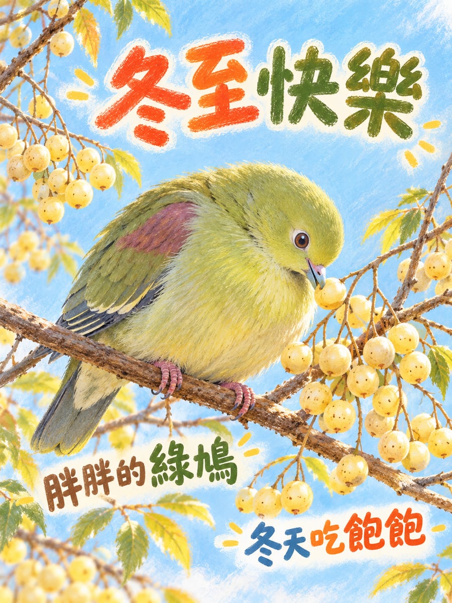 綠鳩啄苦楝果。圖中文字：冬至快樂，胖胖的綠鳩，冬天吃飽飽