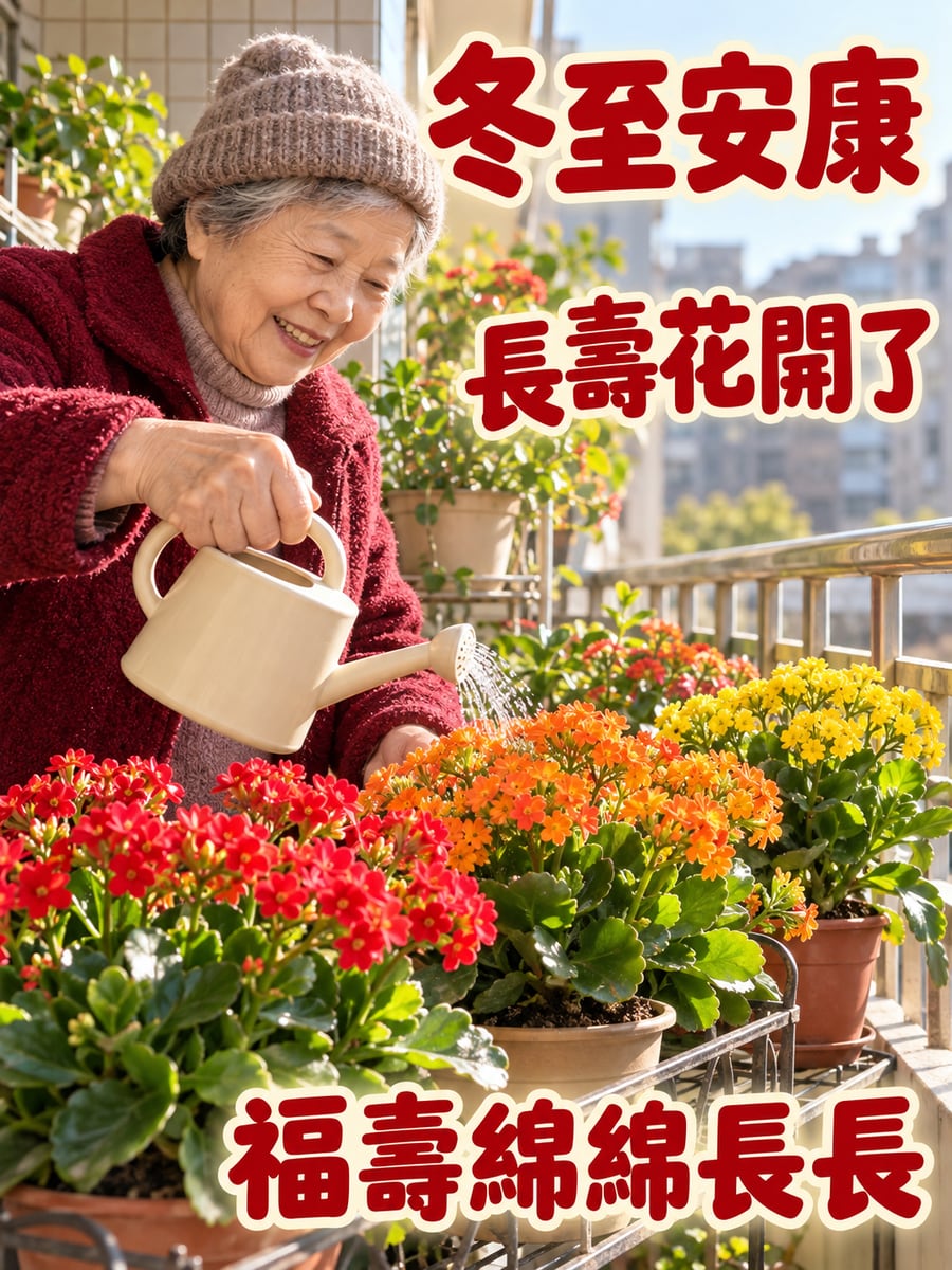 陽台開旺的長壽花。圖中文字：冬至安康，長壽花開了，福壽綿綿長長