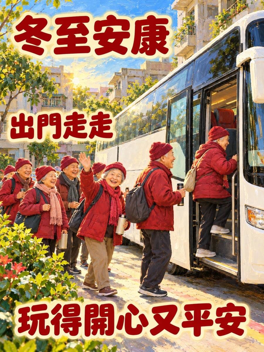 長輩搭遊覽車出遊。圖中文字：冬至安康，出門走走，玩得開心又平安