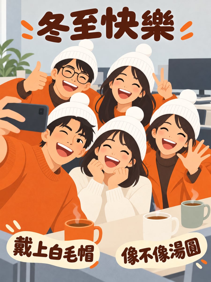 戴白毛球帽的同事。圖中文字：冬至快樂，戴上白毛帽，像不像湯圓