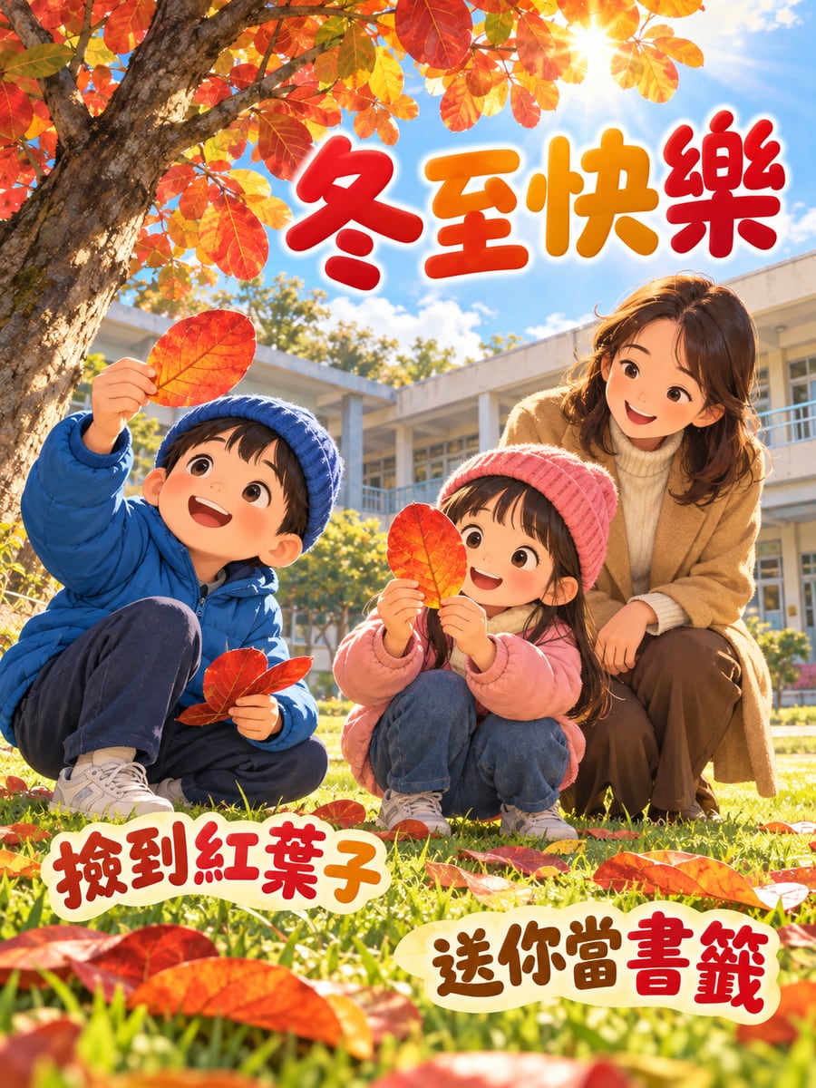 撿紅欖仁葉。圖中文字：冬至快樂，撿到紅葉子，送你當書籤