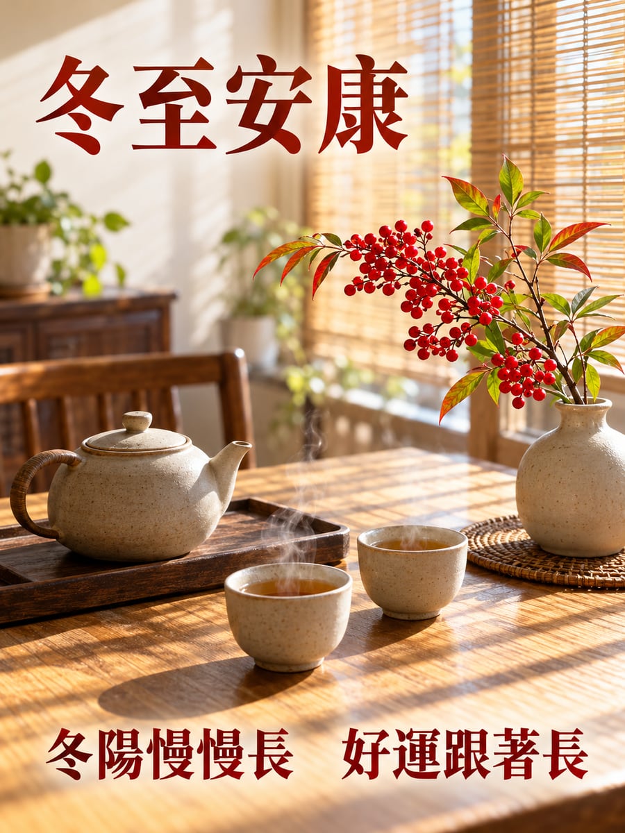 竹簾篩下的冬陽。圖中文字：冬至安康，冬陽慢慢長，好運跟著長