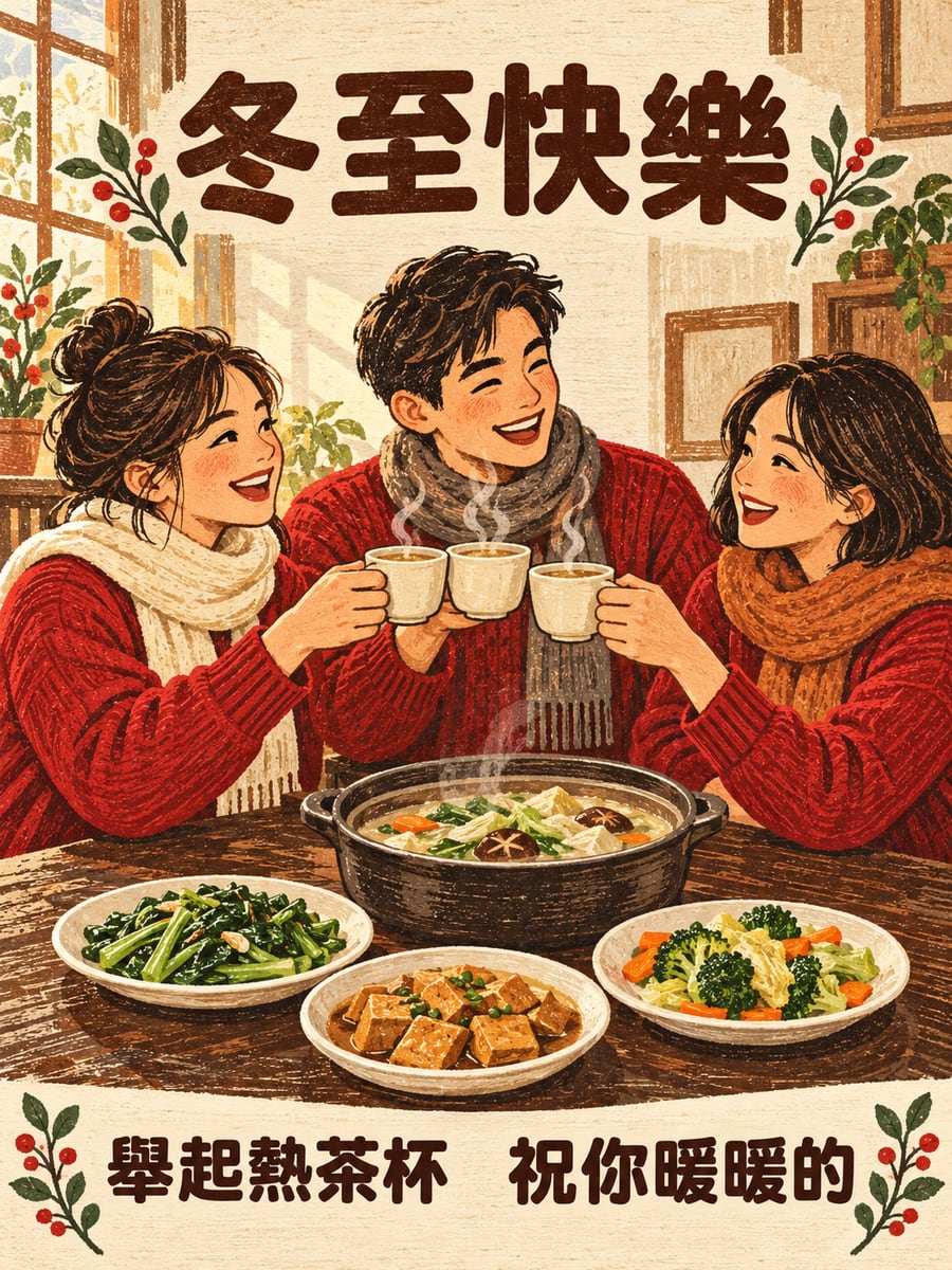舉起熱茶碰個杯。圖中文字：冬至快樂，舉起熱茶杯，祝你暖暖的