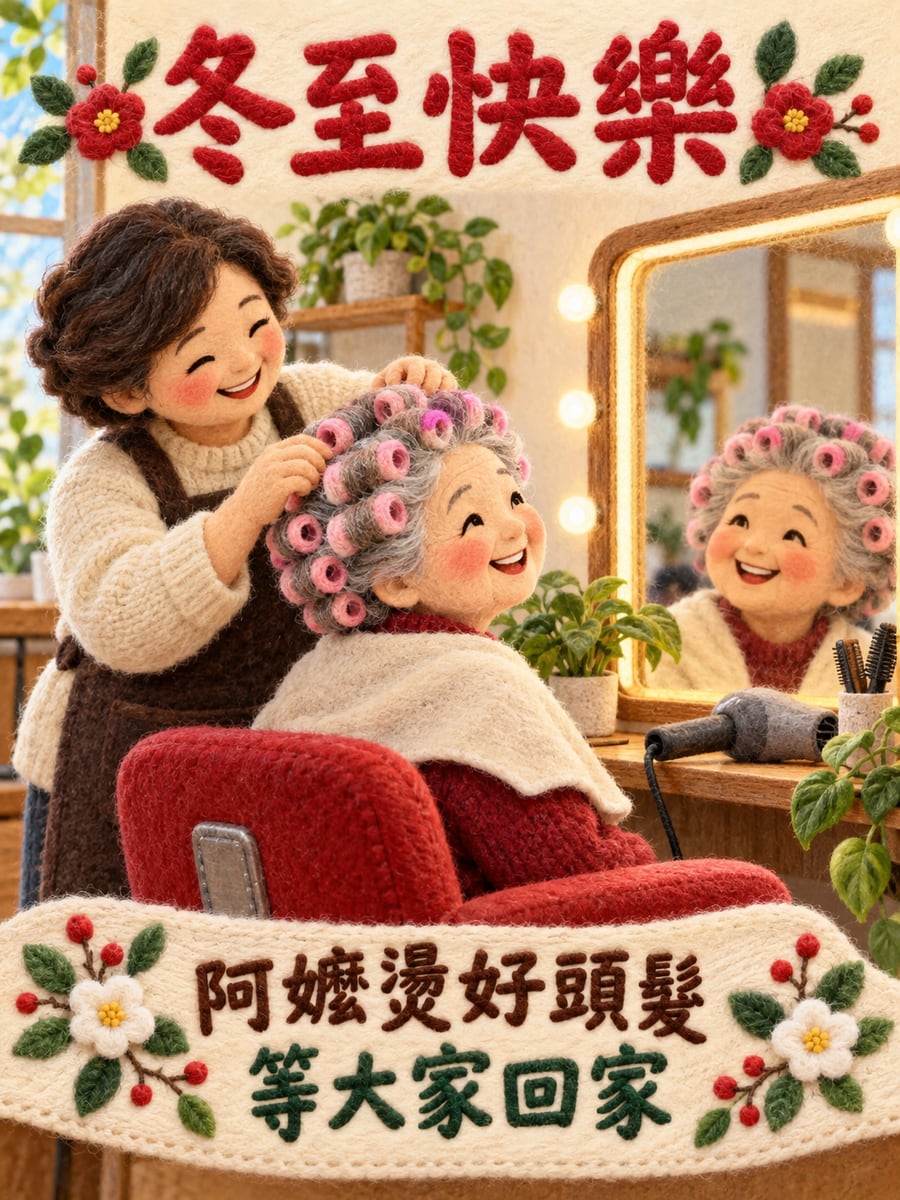 阿嬤冬至前去燙頭髮。圖中文字：冬至快樂，阿嬤燙好頭髮，等大家回家
