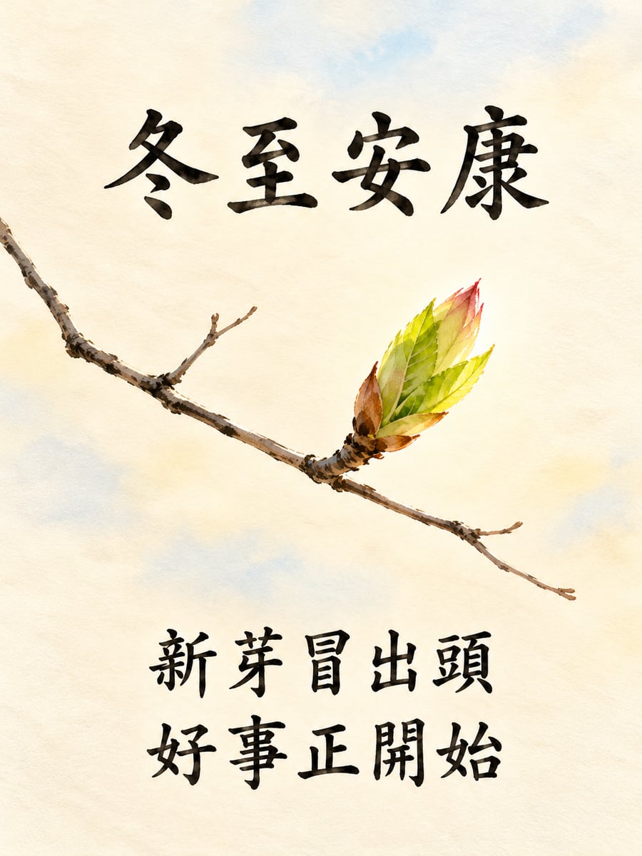 光禿枝頭冒新芽。圖中文字：冬至安康，新芽冒出頭，好事正開始