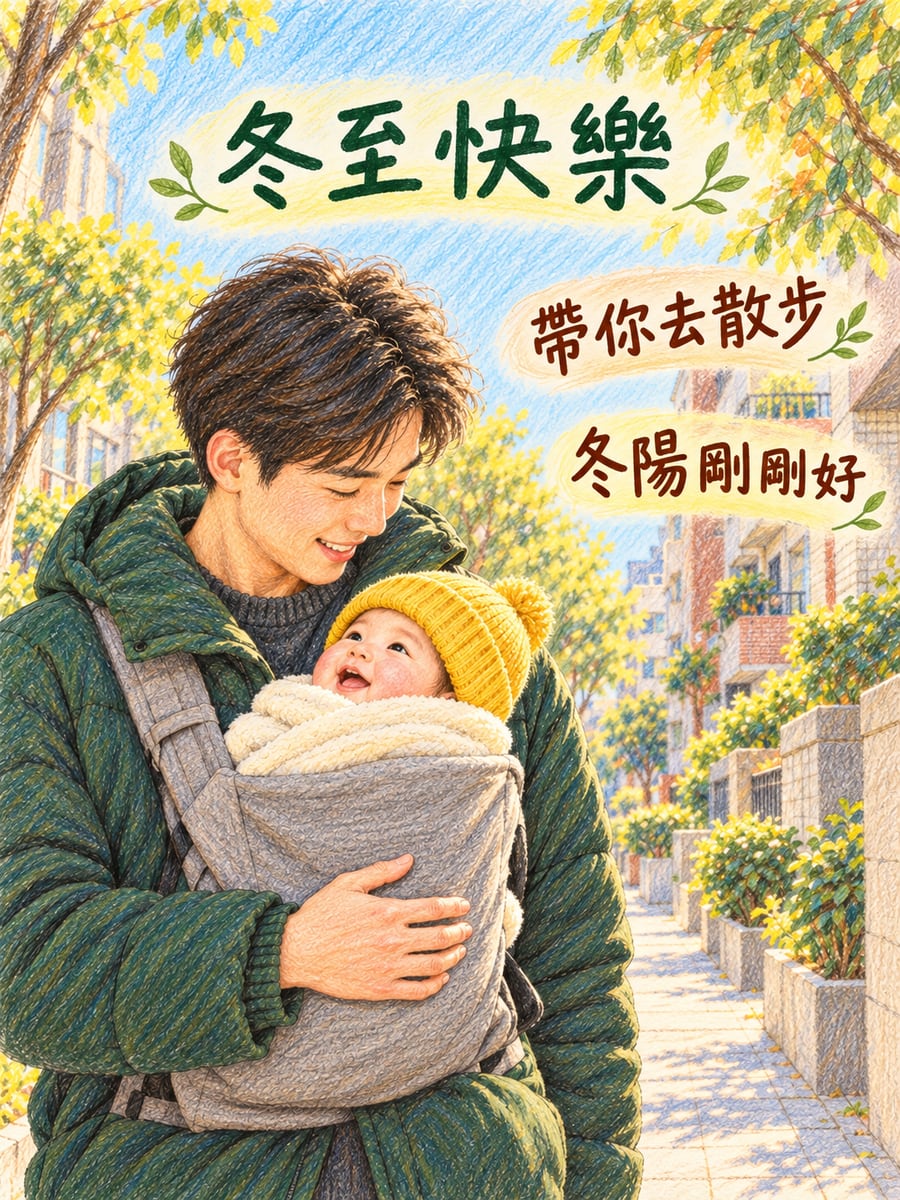 爸爸揹著寶寶散步。圖中文字：冬至快樂，帶你去散步，冬陽剛剛好