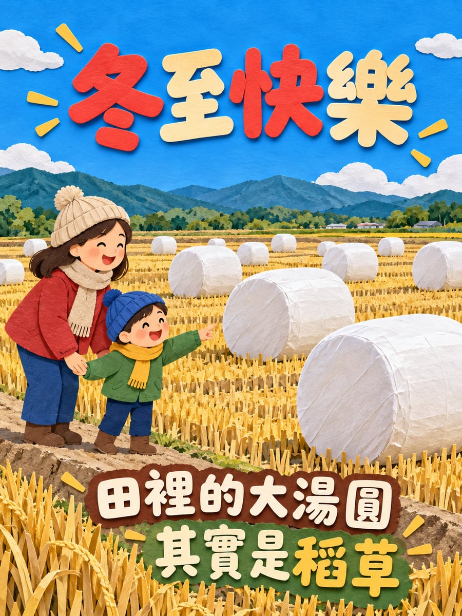 田裡的大湯圓。圖中文字：冬至快樂，田裡的大湯圓，其實是稻草
