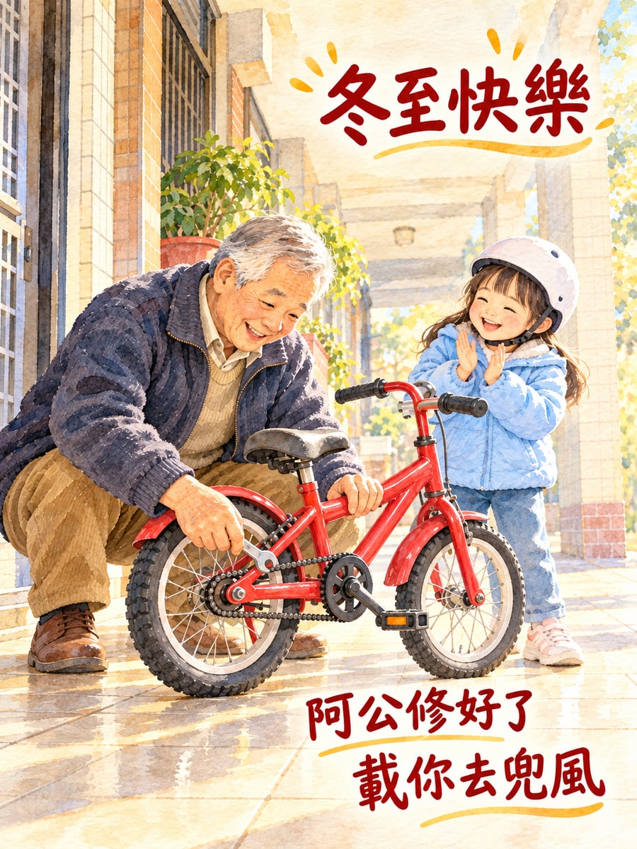 阿公修好小腳踏車。圖中文字：冬至快樂，阿公修好了，載你去兜風