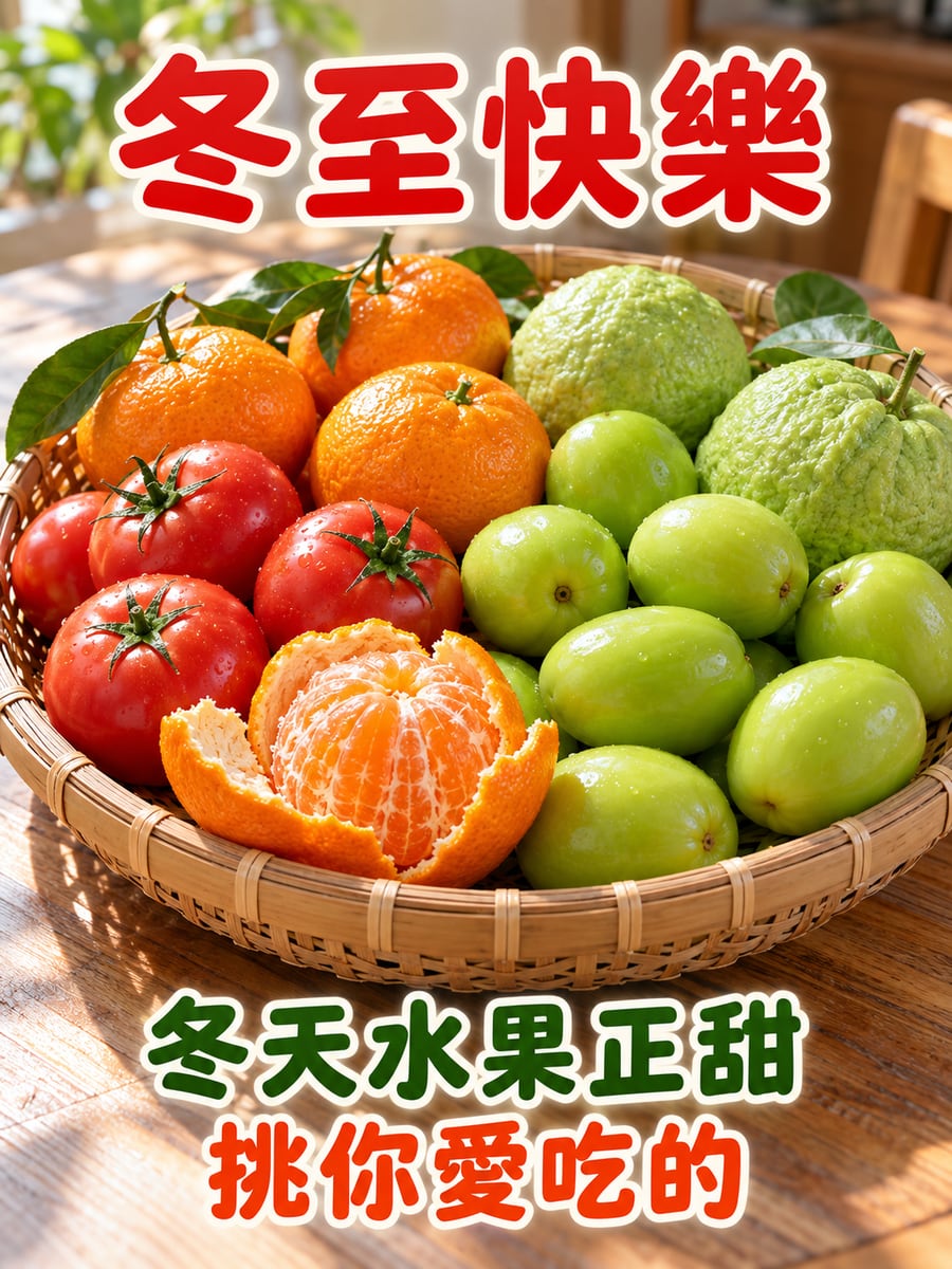 冬天當季水果籃。圖中文字：冬至快樂，冬天水果正甜，挑你愛吃的
