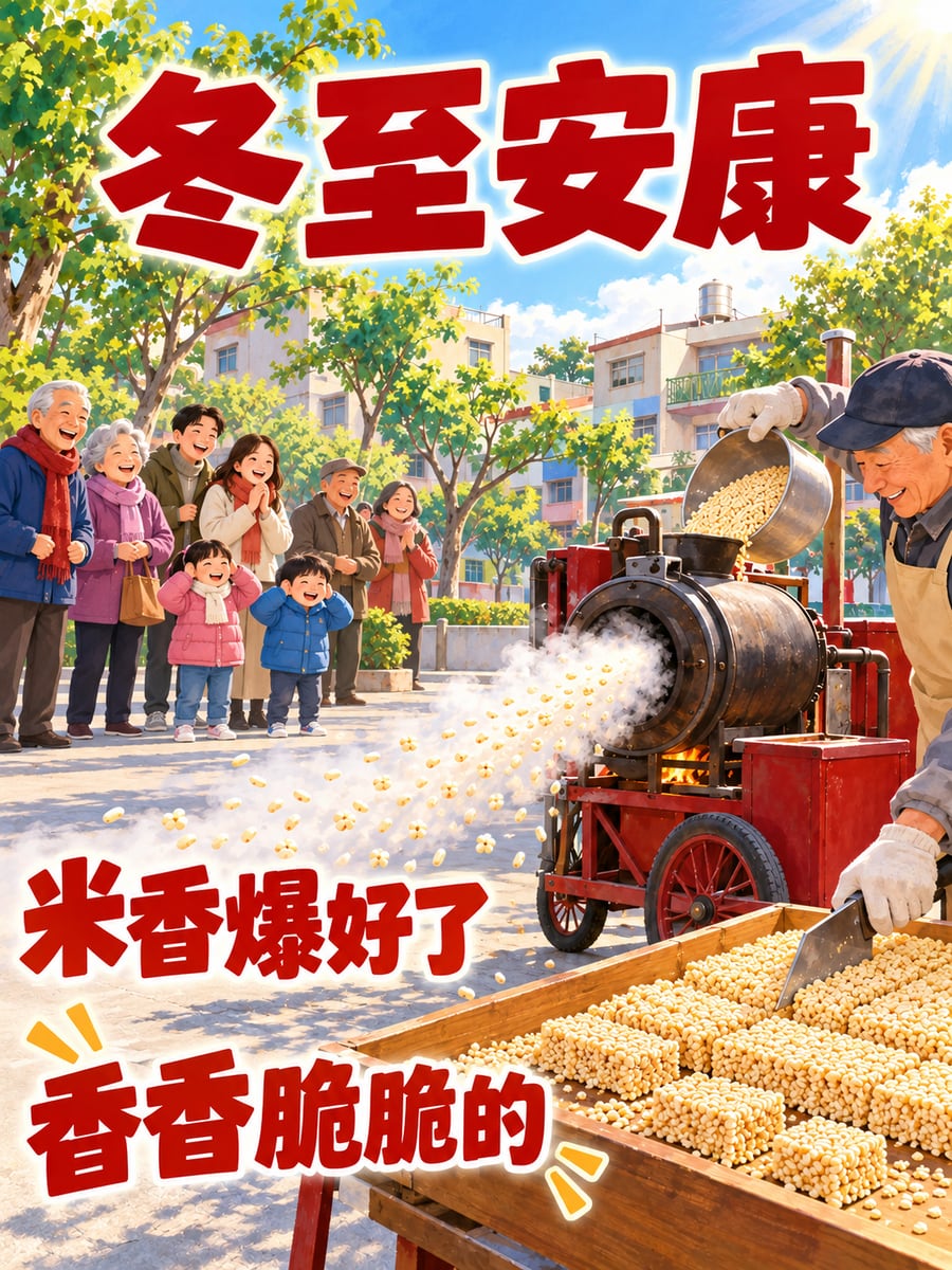 砰一聲爆米香。圖中文字：冬至安康，米香爆好了，香香脆脆的