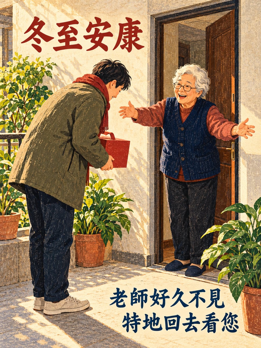 冬至回去看老師。圖中文字：冬至安康，老師好久不見，特地回去看您
