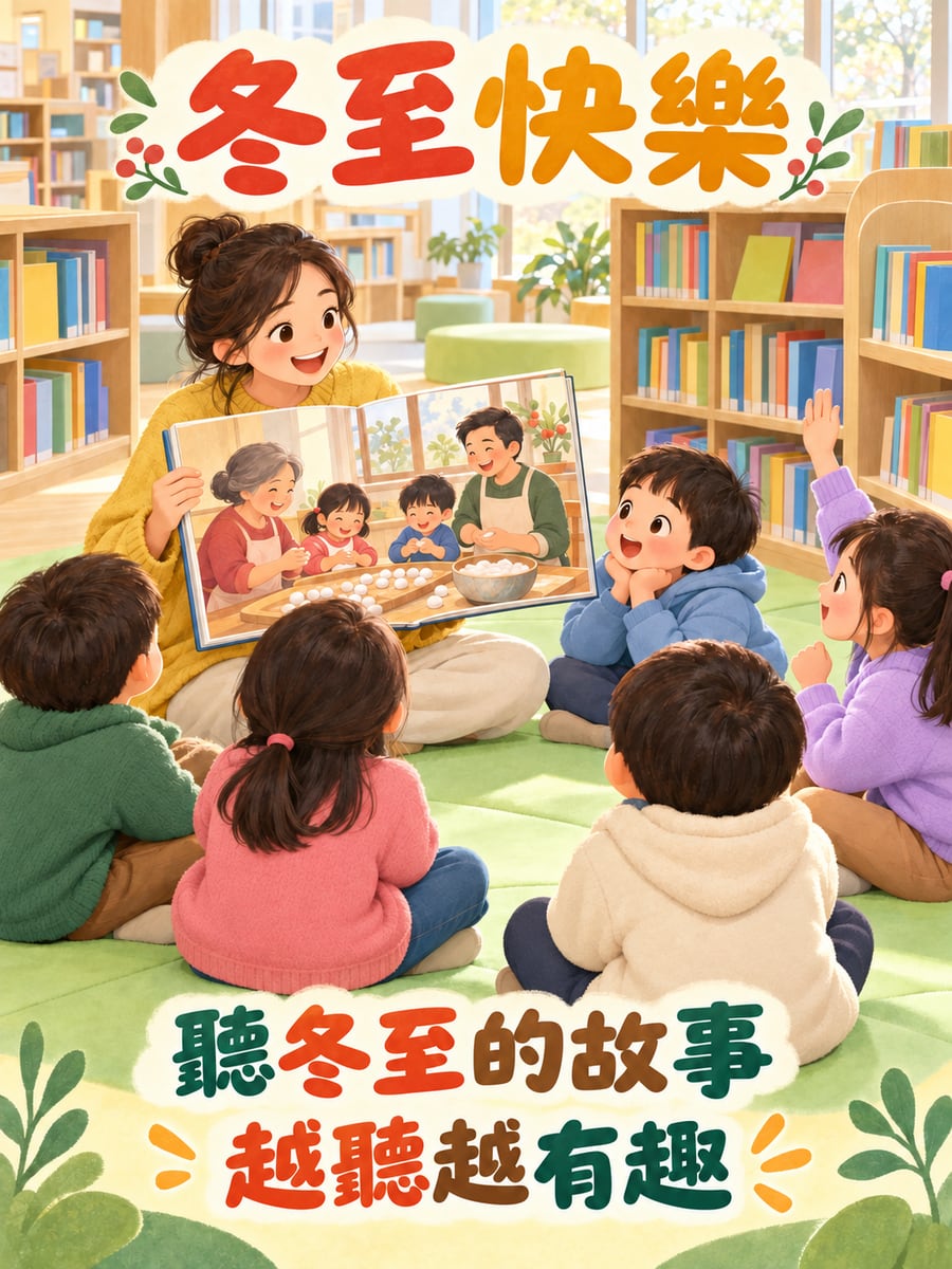圖書館說冬至故事。圖中文字：冬至快樂，聽冬至的故事，越聽越有趣