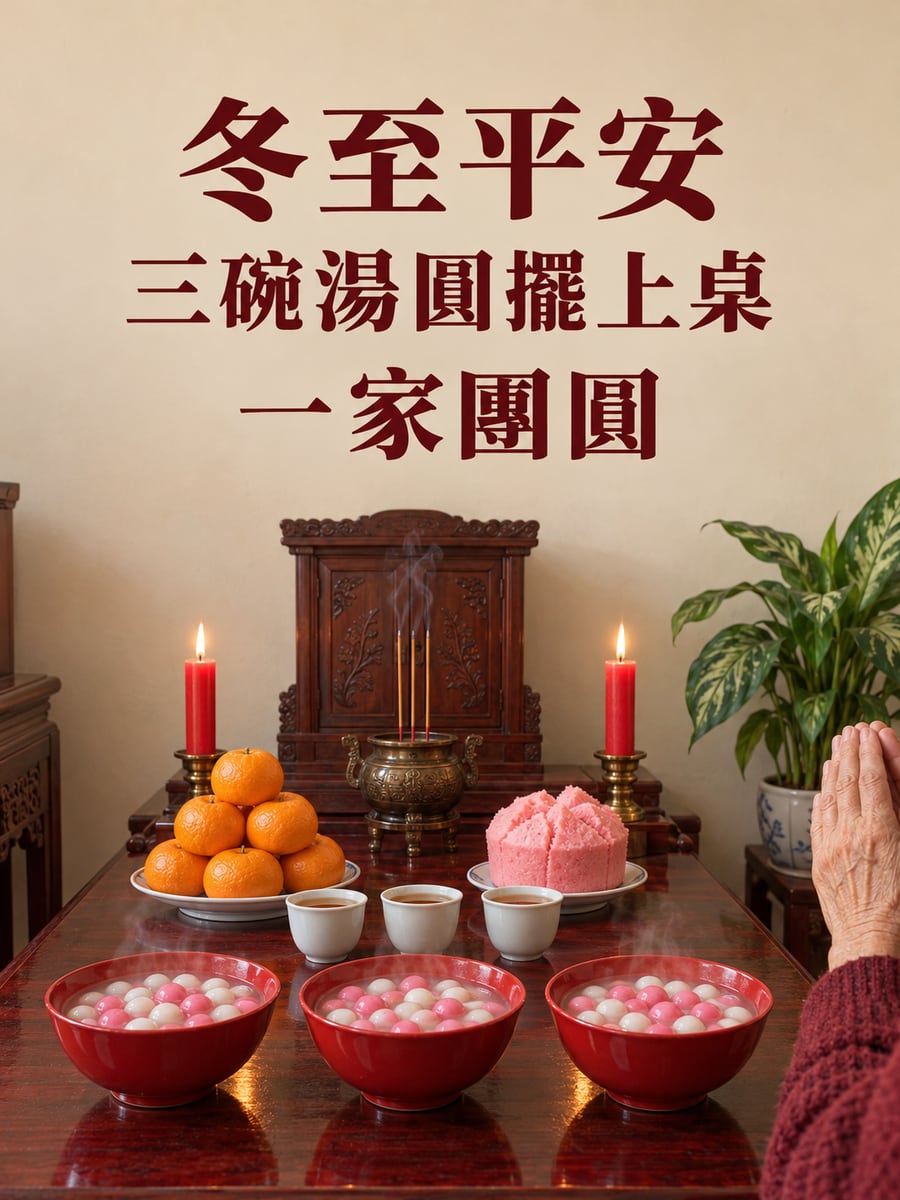 公媽廳供桌上的三碗紅白湯圓。圖中文字：冬至平安，三碗湯圓擺上桌，一家團圓