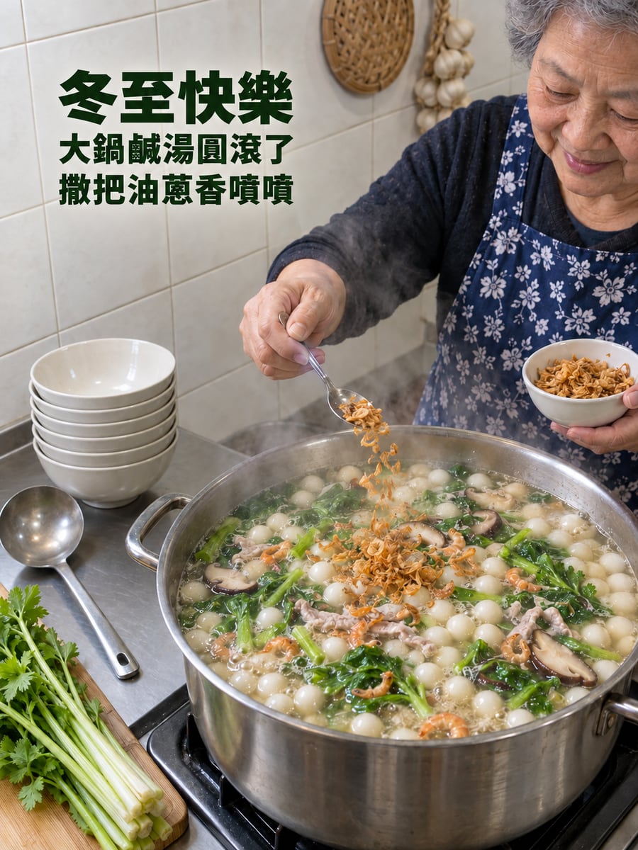 客家鹹湯圓大鍋撒油蔥。圖中文字：冬至快樂，大鍋鹹湯圓滾了，撒把油蔥香噴噴