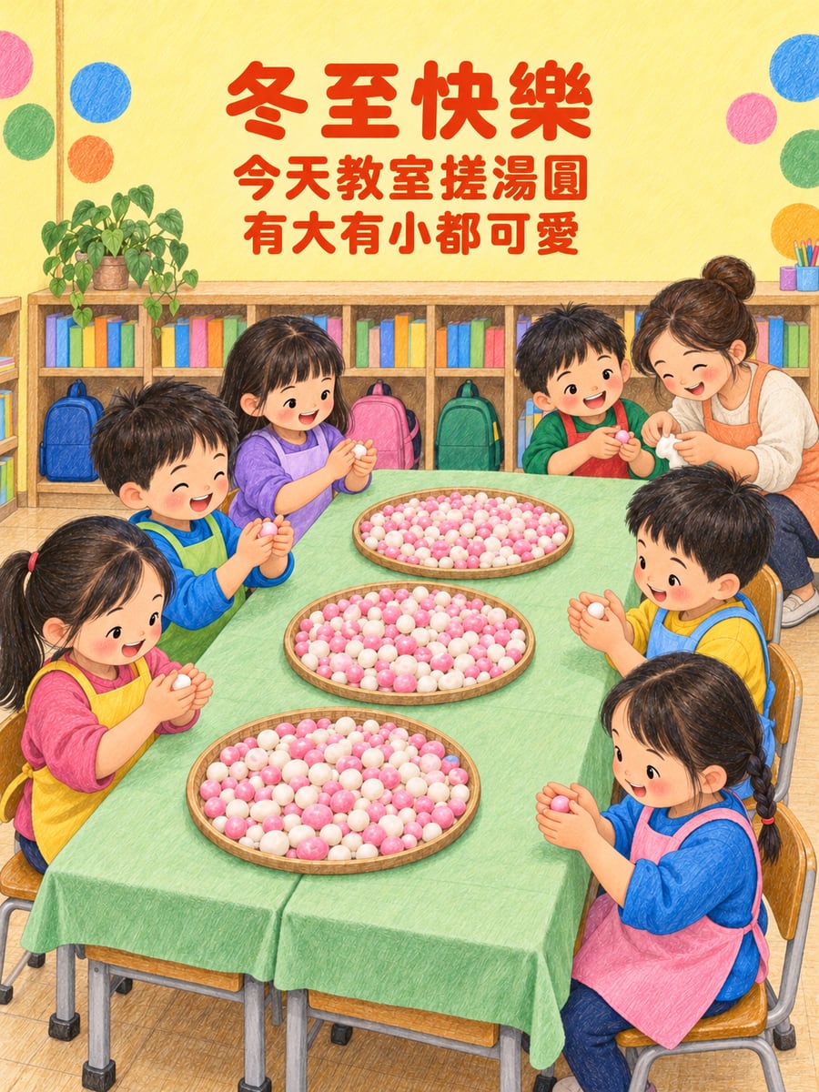國小低年級教室裡搓湯圓。圖中文字：冬至快樂，今天教室搓湯圓，有大有小都可愛