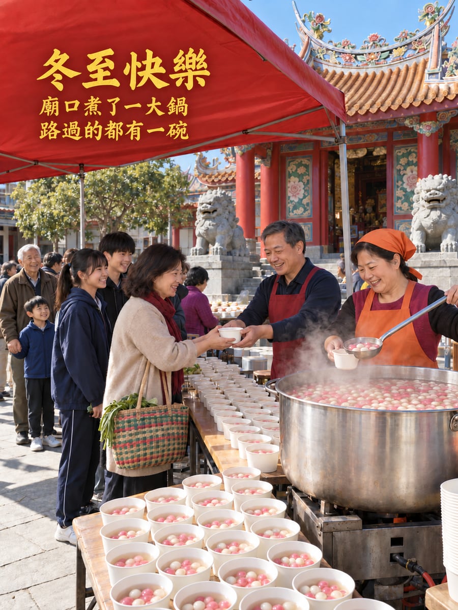 廟埕志工煮大鍋湯圓分送。圖中文字：冬至快樂，廟口煮了一大鍋，路過的都有一碗
