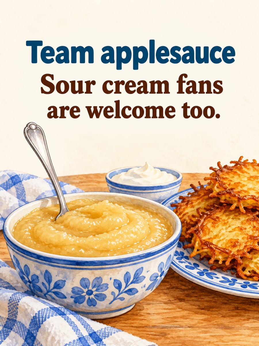 Hanukkah greeting image: latkes, applesauce, sour cream. It says “Team applesauce” and “Sour cream fans are welcome too.”