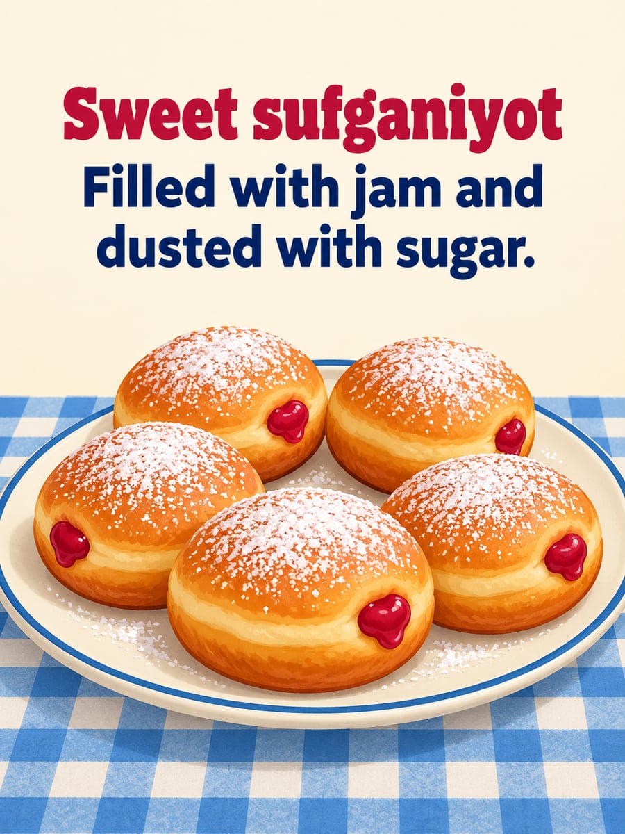 Hanukkah greeting image: sufganiyot, jelly donuts, powdered sugar. It says “Sweet sufganiyot” and “Filled with jam and dusted with sugar.”