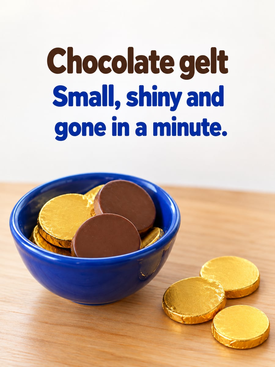 Hanukkah greeting image: chocolate gelt, blue bowl. It says “Chocolate gelt” and “Small, shiny and gone in a minute.”