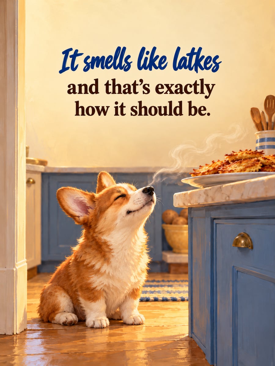 Hanukkah greeting image: corgi puppy, latkes. It says “It smells like latkes” and “and that’s exactly how it should be.”