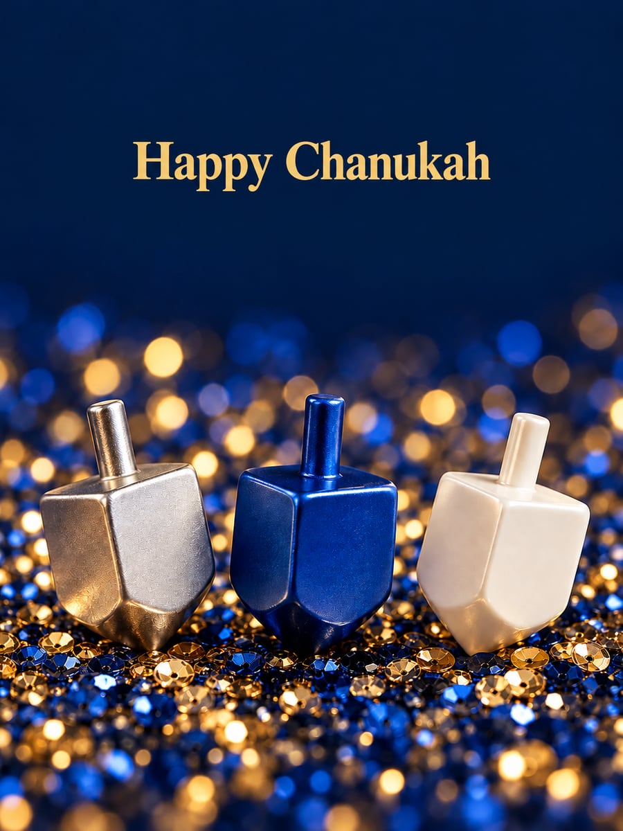 Hanukkah greeting image: dreidels, blue and gold sequins. It says “Happy Chanukah”