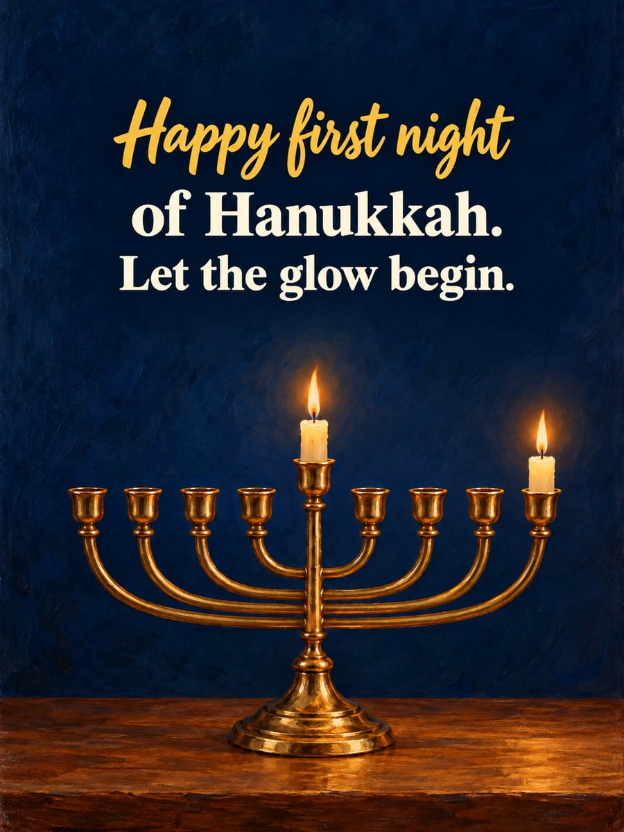 Hanukkah greeting image: nine-branch menorah, first night: shamash and one candle lit, brass menorah. It says “Happy first night” and “of Hanukkah. Let the glow begin.”
