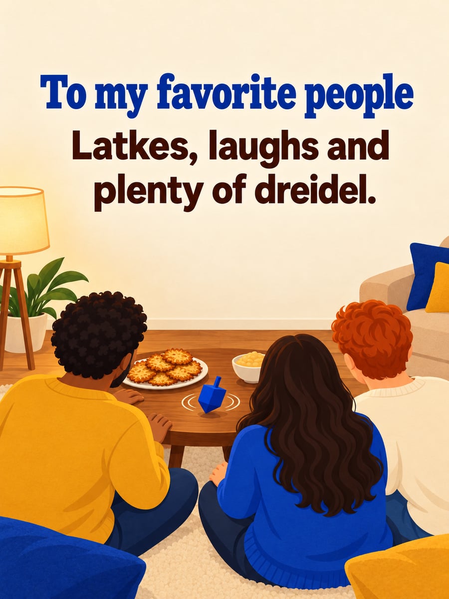 Hanukkah greeting image: friends playing dreidel, latkes, dreidel. It says “To my favorite people” and “Latkes, laughs and plenty of dreidel.”