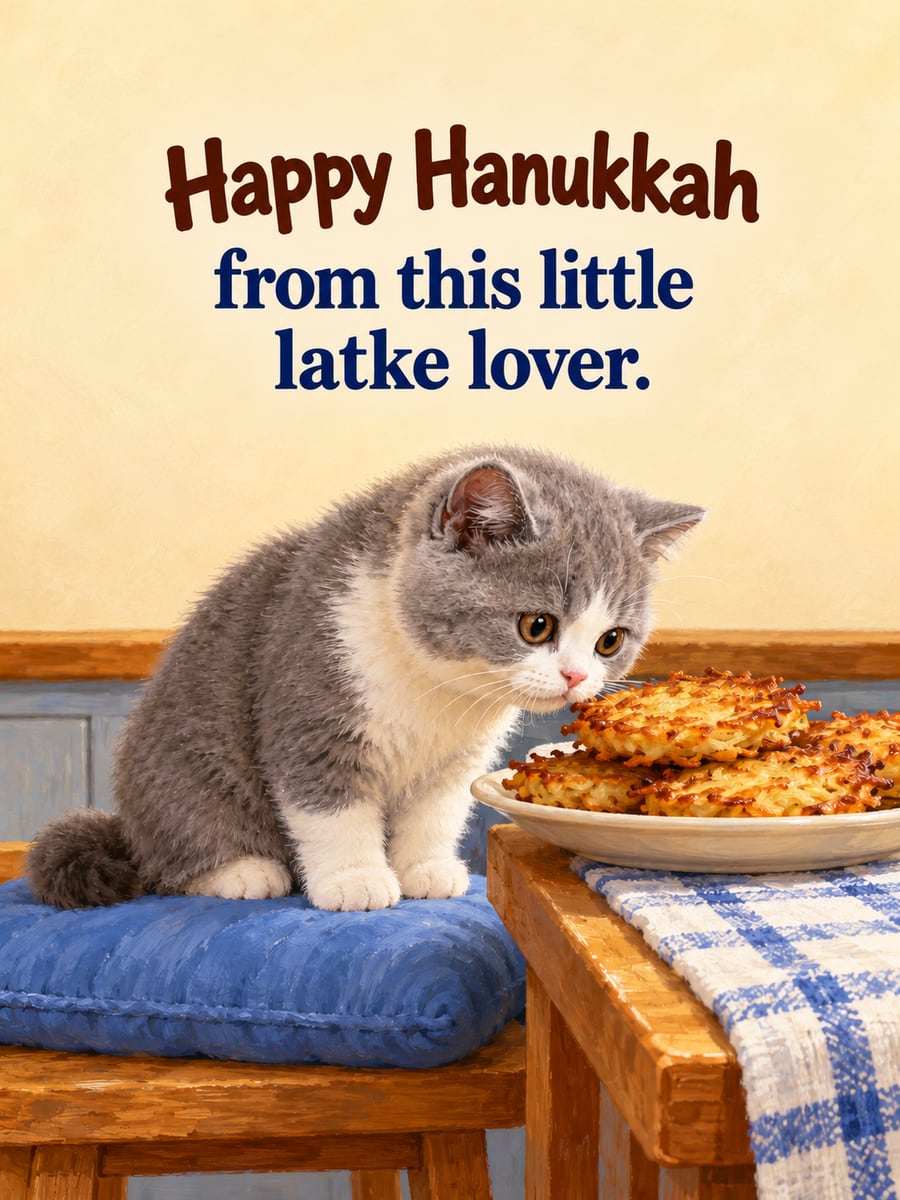 Hanukkah greeting image: British Shorthair kitten, latkes. It says “Happy Hanukkah” and “from this little latke lover.”