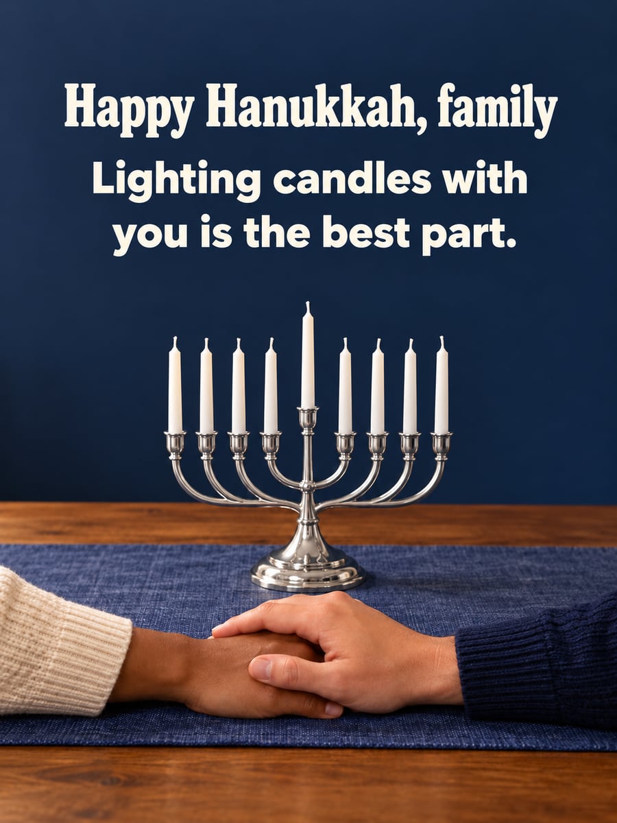 Hanukkah greeting image: unlit nine-branch menorah, hands of two adults, family. It says “Happy Hanukkah, family” and “Lighting candles with you is the best part.”