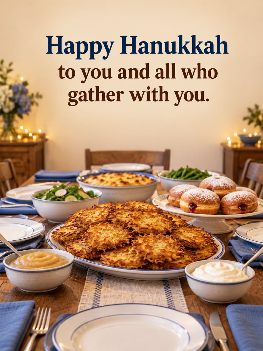 Hanukkah greeting image: Hanukkah dinner table, potato latkes, jelly donuts. It says “Happy Hanukkah” and “to you and all who gather with you.”