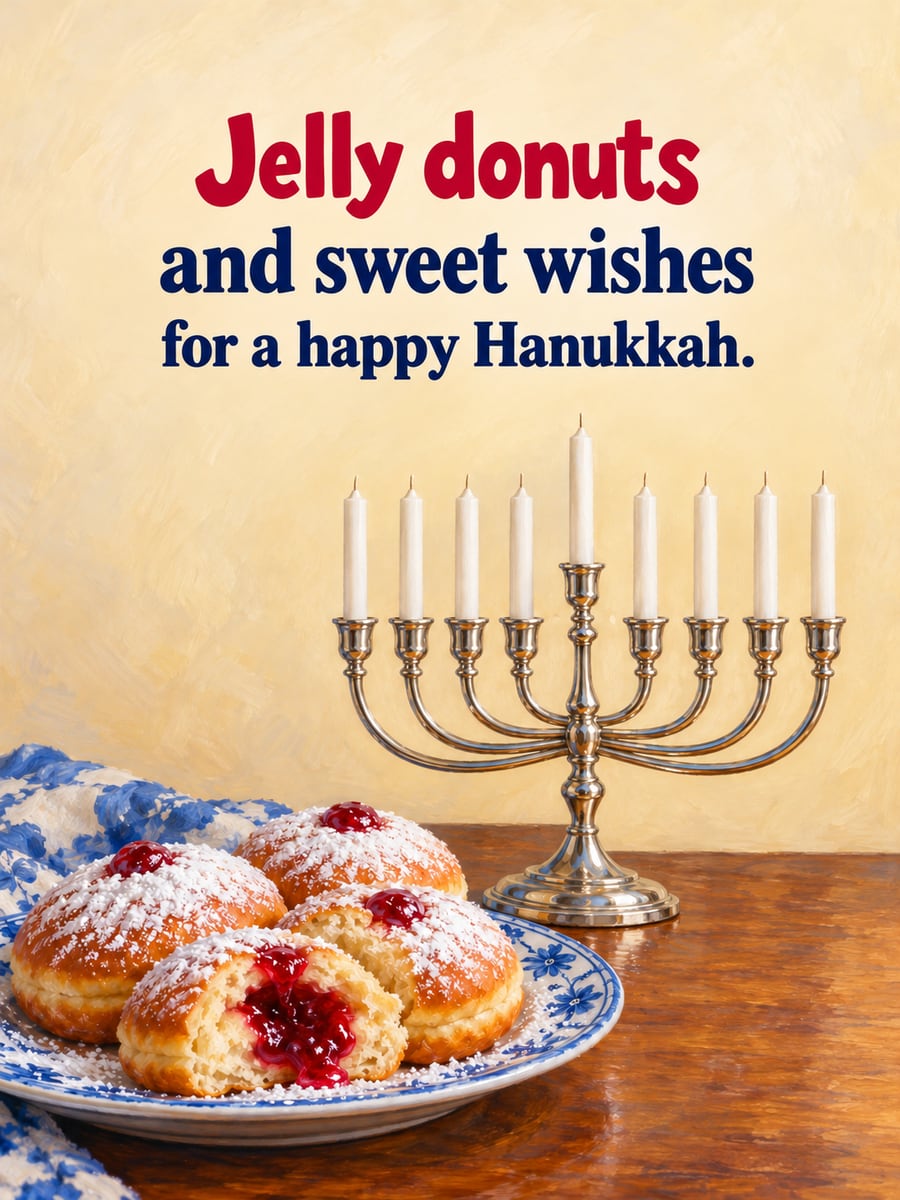 Hanukkah greeting image: jelly donuts, powdered sugar, unlit nine-branch menorah. It says “Jelly donuts” and “and sweet wishes for a happy Hanukkah.”