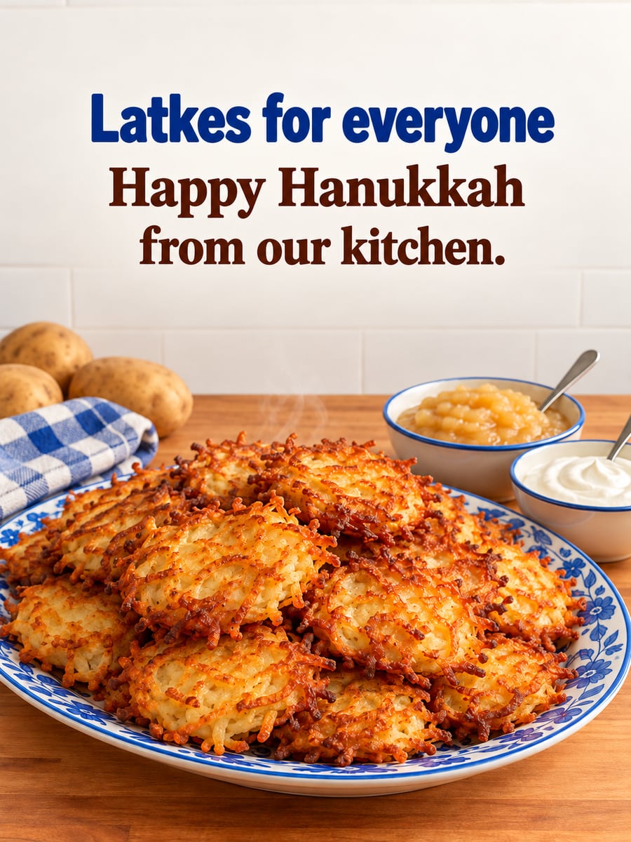 Hanukkah greeting image: potato latkes, applesauce, sour cream. It says “Latkes for everyone” and “Happy Hanukkah from our kitchen.”