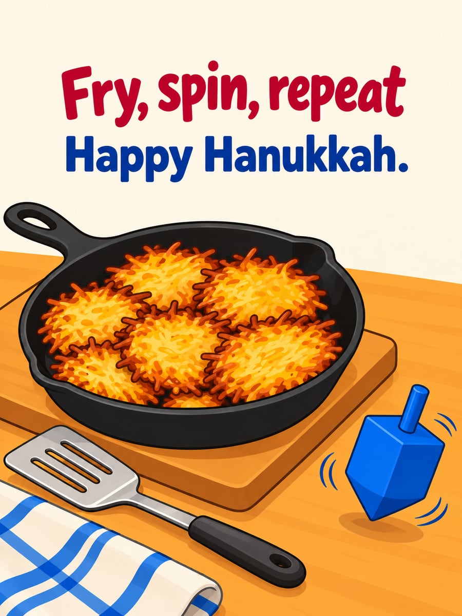 Hanukkah greeting image: latkes, dreidel, skillet. It says “Fry, spin, repeat” and “Happy Hanukkah.”