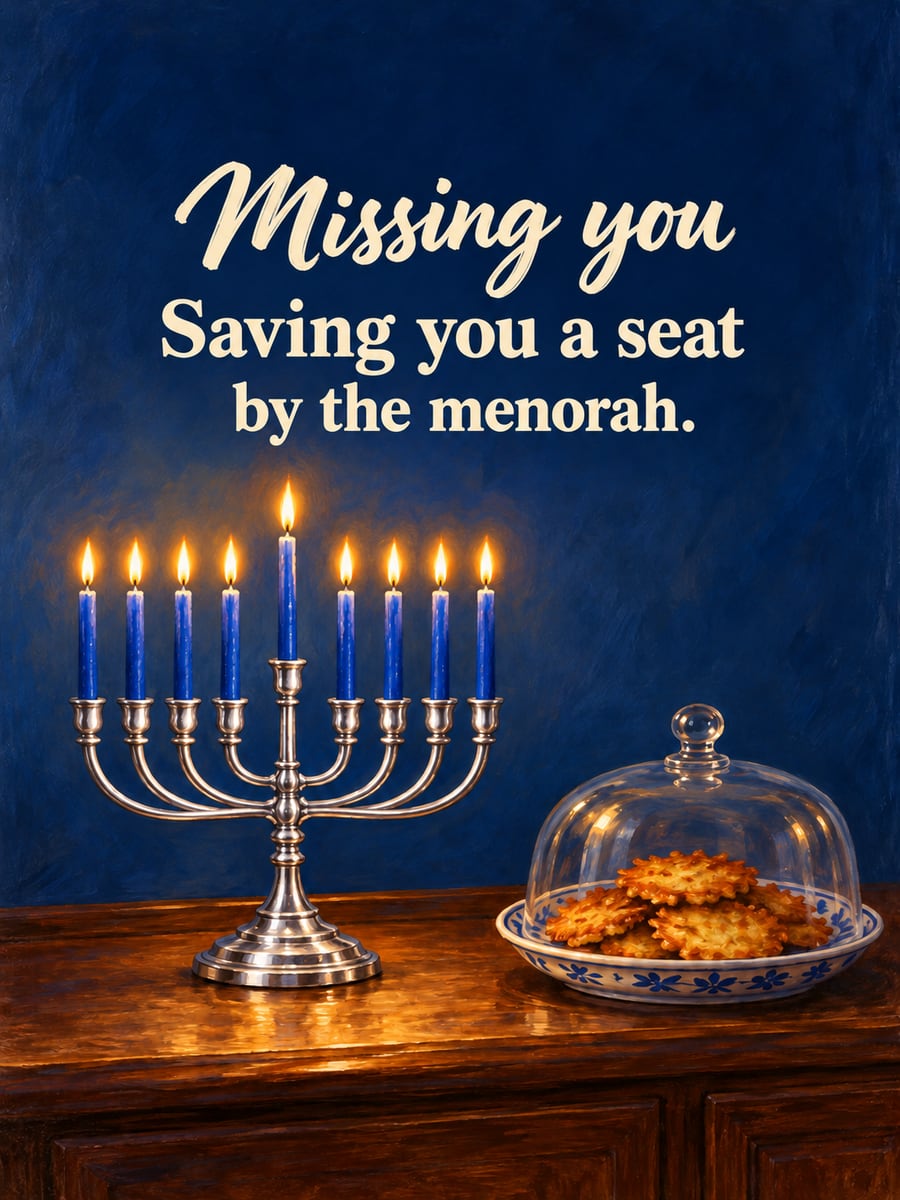 Hanukkah greeting image: nine-branch menorah with all candles lit, silver menorah, latkes saved for someone. It says “Missing you” and “Saving you a seat by the menorah.”