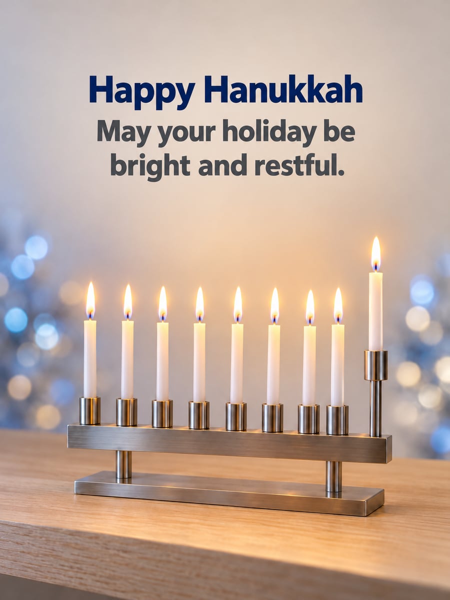 Hanukkah greeting image: nine-branch menorah with all candles lit, modern menorah, blue and silver lights. It says “Happy Hanukkah” and “May your holiday be bright and restful.”