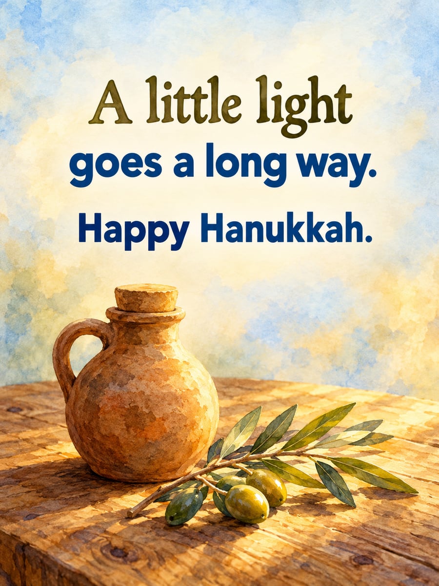 Hanukkah greeting image: olive oil jug, olive branch, golden sunlight. It says “A little light” and “goes a long way. Happy Hanukkah.”