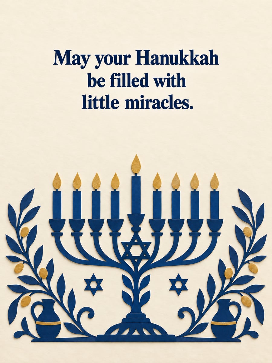 Hanukkah greeting image: nine-branch menorah with all candles lit, olive branches, Stars of David. It says “May your Hanukkah” and “be filled with little miracles.”