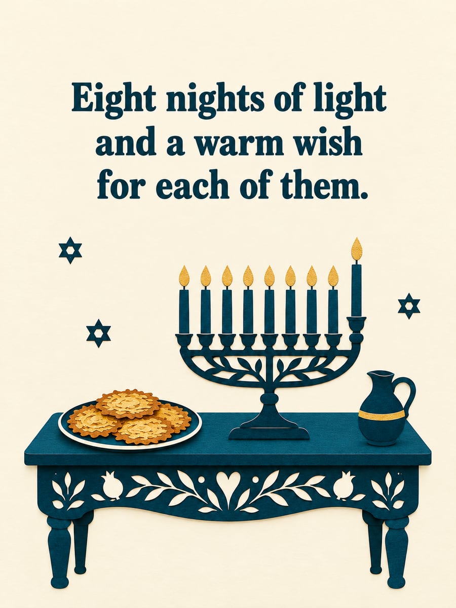 Hanukkah greeting image: nine-branch menorah with all candles lit, papercut table scene, latkes, oil jug. It says “Eight nights of light” and “and a warm wish for each of them.”