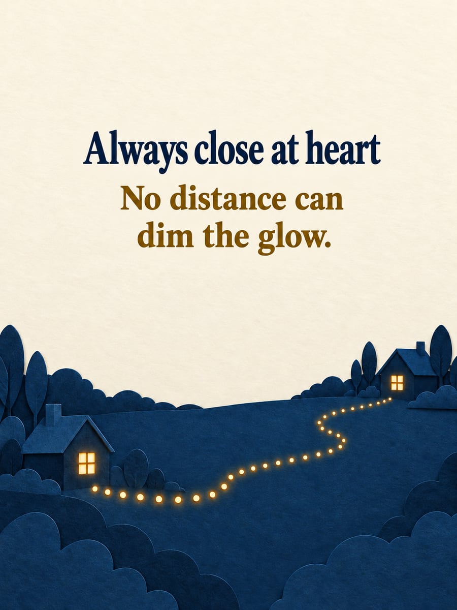 Hanukkah greeting image: two homes far apart, path of lights. It says “Always close at heart” and “No distance can dim the glow.”