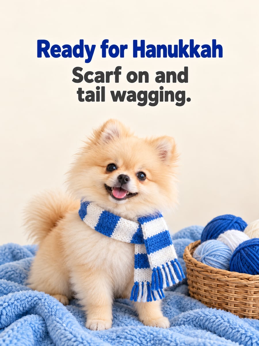 Hanukkah greeting image: Pomeranian puppy, blue and white scarf, yarn. It says “Ready for Hanukkah” and “Scarf on and tail wagging.”