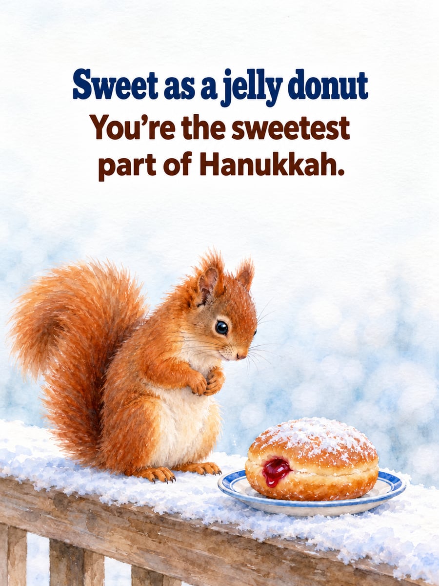 Hanukkah greeting image: red squirrel, jelly donut. It says “Sweet as a jelly donut” and “You’re the sweetest part of Hanukkah.”