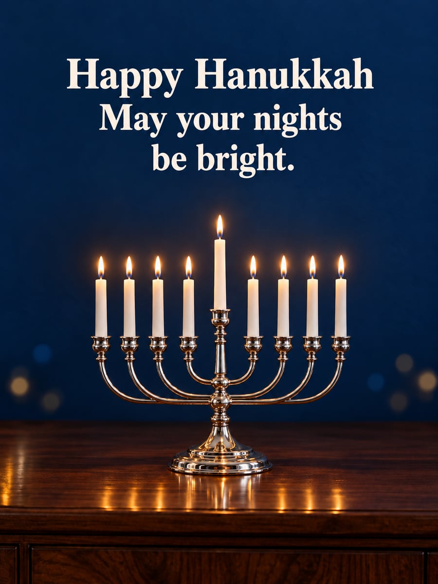 Hanukkah greeting image: nine-branch menorah with all candles lit, silver menorah, blue and gold lights. It says “Happy Hanukkah” and “May your nights be bright.”