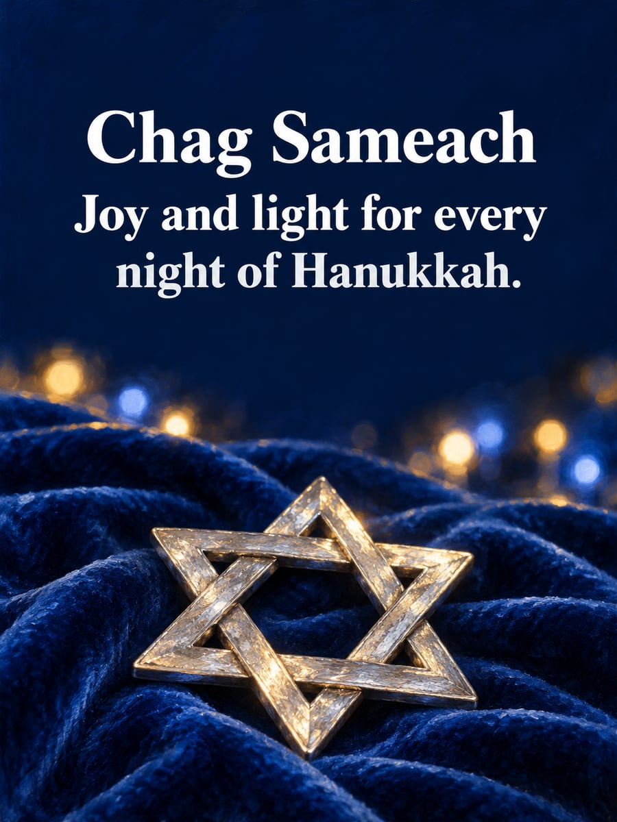 Hanukkah greeting image: silver Star of David, blue velvet. It says “Chag Sameach” and “Joy and light for every night of Hanukkah.”