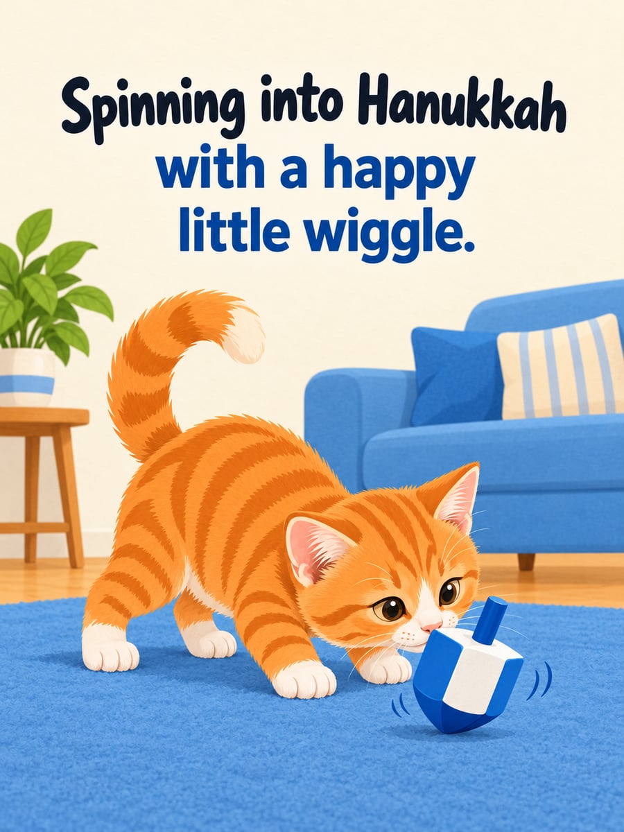 Hanukkah greeting image: tabby kitten, dreidel. It says “Spinning into Hanukkah” and “with a happy little wiggle.”