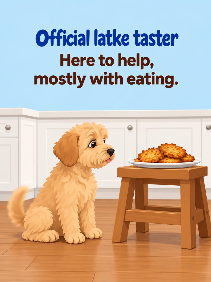 Hanukkah greeting image: wheaten terrier puppy, latkes. It says “Official latke taster” and “Here to help, mostly with eating.”