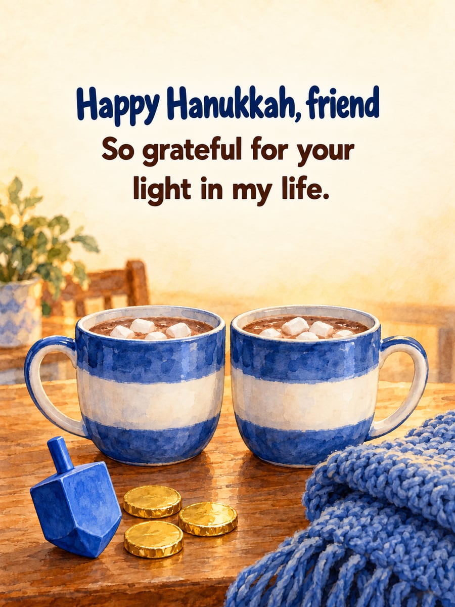 Hanukkah greeting image: mugs of hot cocoa, dreidel, chocolate gelt. It says “Happy Hanukkah, friend” and “So grateful for your light in my life.”