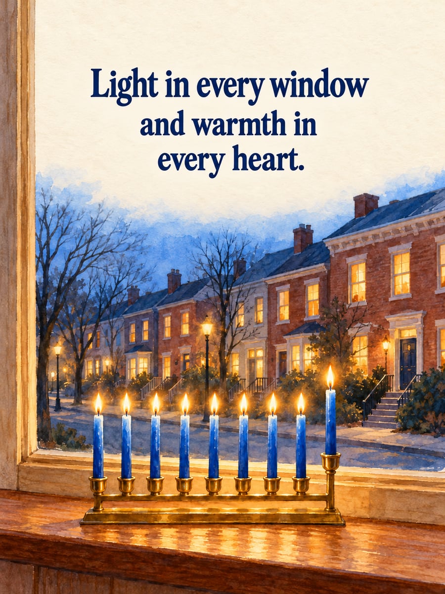 Hanukkah greeting image: nine-branch menorah with all candles lit, window, brick row houses. It says “Light in every window” and “and warmth in every heart.”